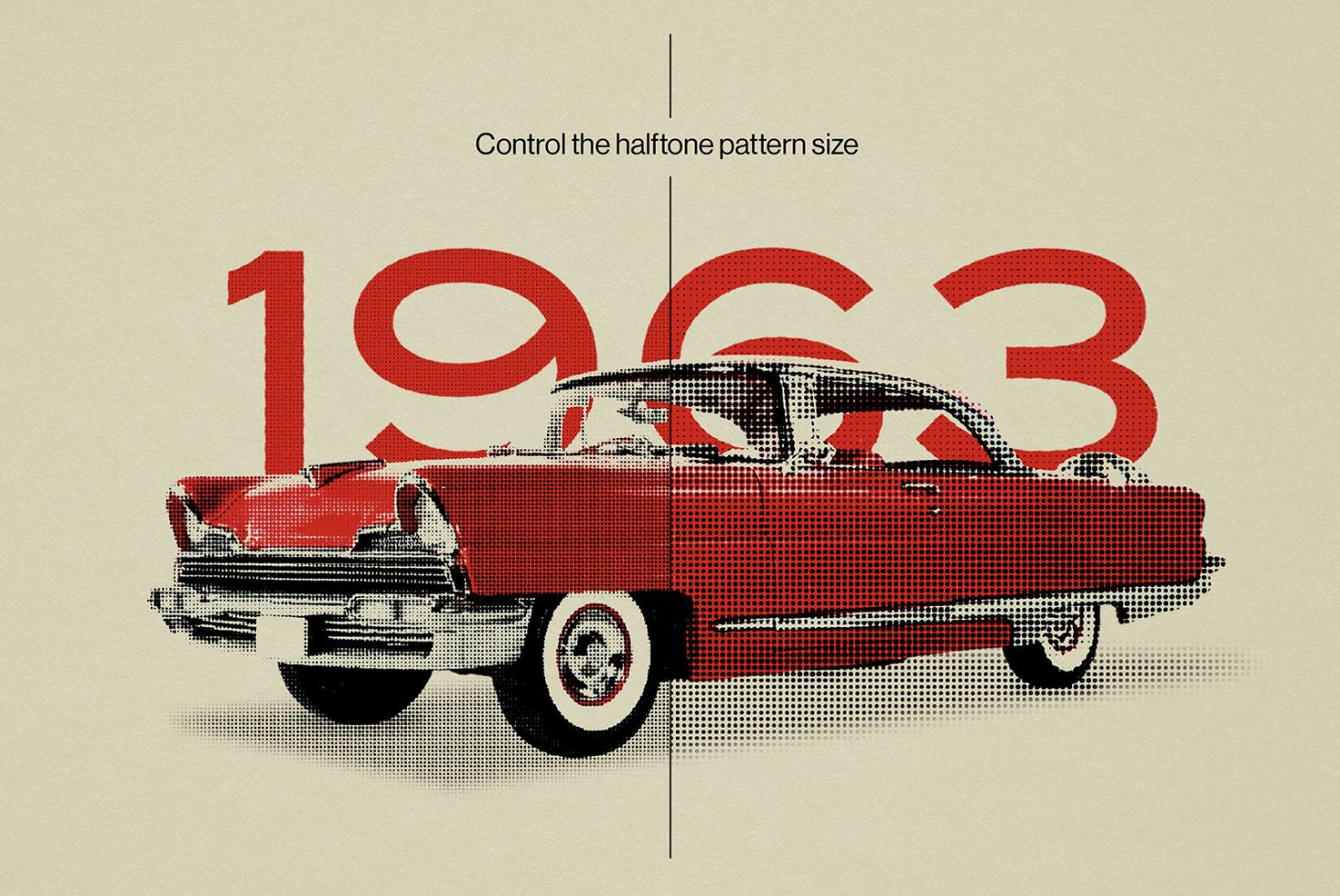 Vintage red car graphic with 1963 text overlay and halftone effect, perfect for retro design projects, printables, and creative visuals.