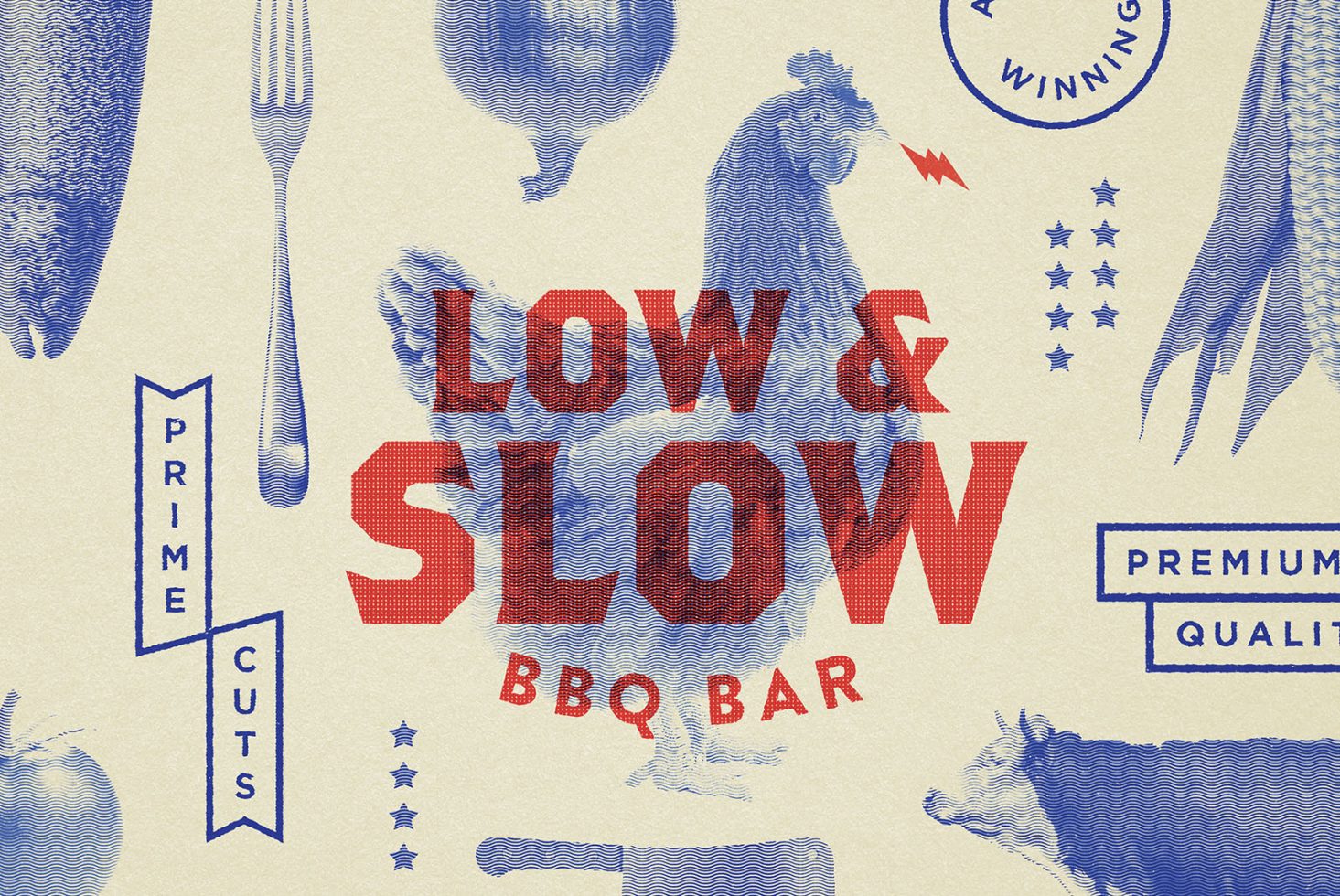 Vintage style BBQ Bar graphic template with textured lettering and animal illustrations, ideal for menu design and branding materials.