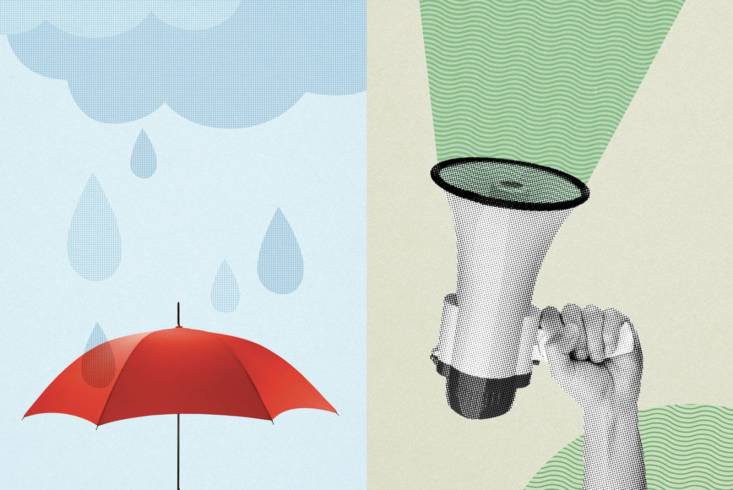 Stylized vector graphics of cloud raining on red umbrella and hand holding loudspeaker, halftone and line patterns, modern design elements.