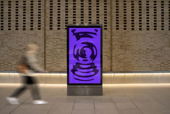Digital billboard mockup in a modern hallway with abstract purple graphic design and blurred passerby, ideal for advertising presentations.