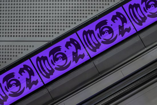 Modern digital billboard mockup displaying dynamic purple abstract graphics, suited for advertising design presentation.