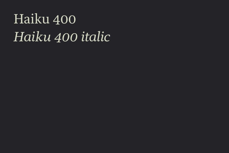 Elegant serif font Haiku 400 regular and italic showcased on dark background perfect for branding, high-quality print, and digital design projects.