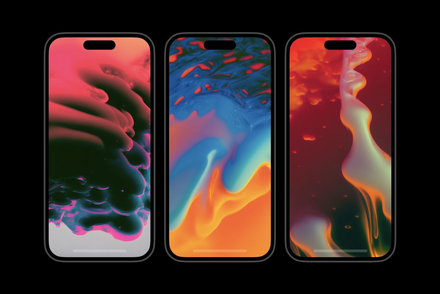 Three smartphones showcasing colorful abstract liquid wallpaper designs, ideal for mockup templates or background graphics.