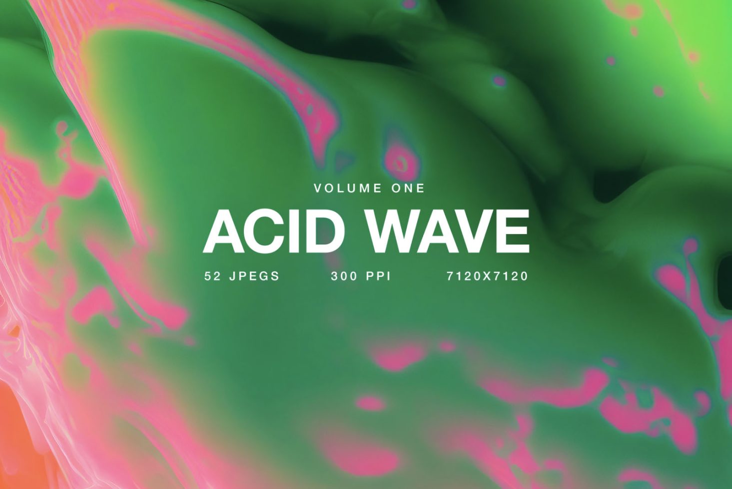 Acid Wave graphics pack with vibrant green and pink abstract patterns for design projects. Includes 52 JPEGs, high resolution 300 PPI, 7120x7120px.