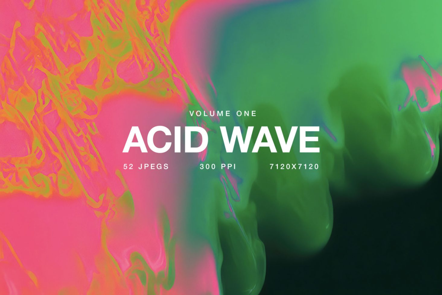 Vibrant Acid Wave graphics pack with 52 JPEGs, 300 PPI, 7120x7120 resolution for creative design templates.