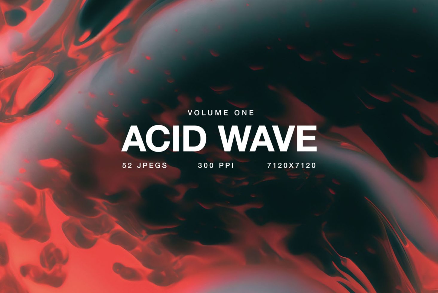 Acid Wave graphics pack with 52 high-resolution red and black abstract fluid art images at 300 PPI, ideal for mockups and design assets.