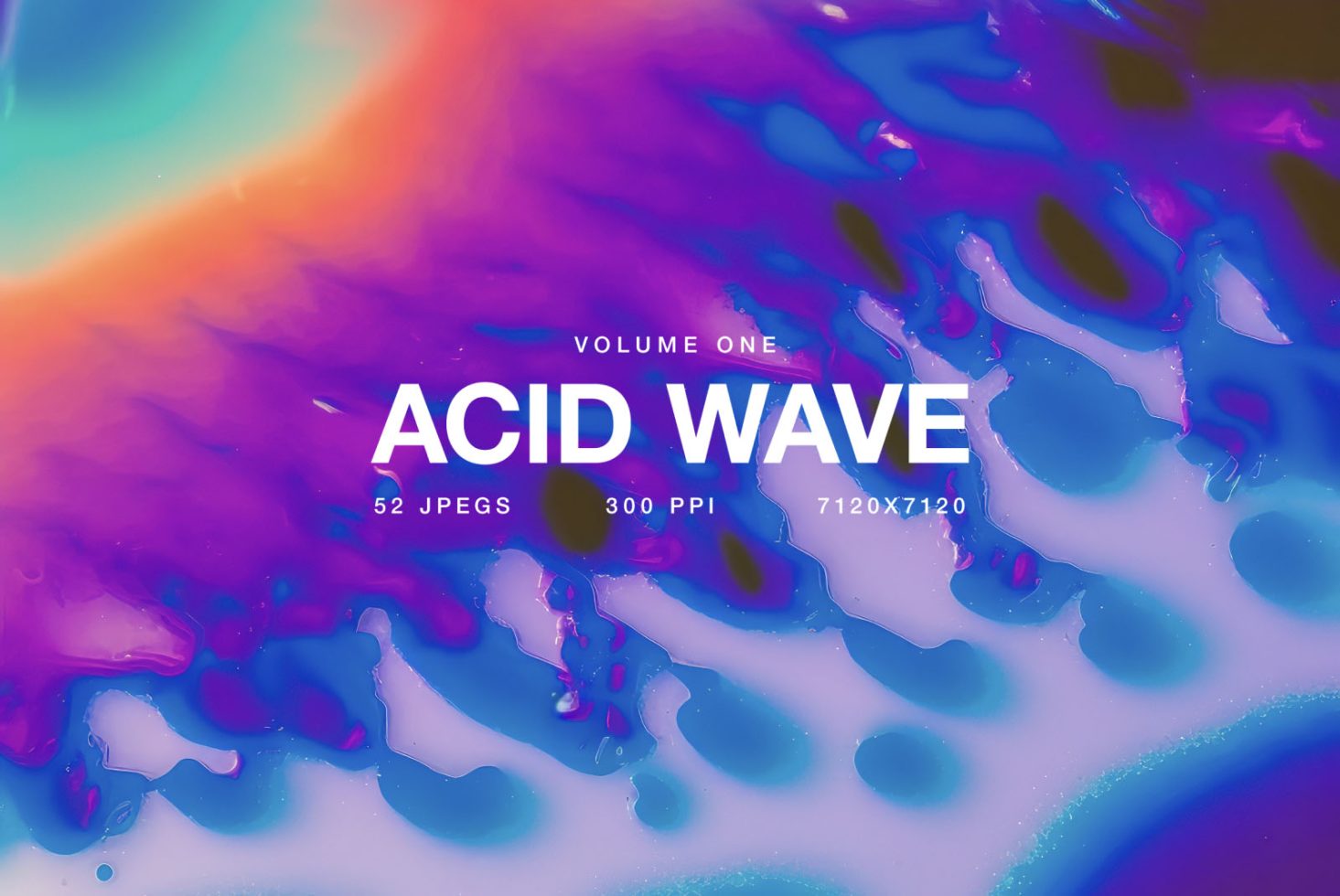 Vibrant Acid Wave graphics pack with 52 colorful abstract JPEG images, 300 PPI resolution for design projects, digital backgrounds, creative assets.