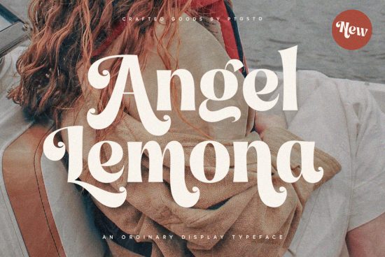 Elegant display typeface Angel Lemona overlay on a faded photo of a woman, with a new badge, ideal for mockup and graphic design.