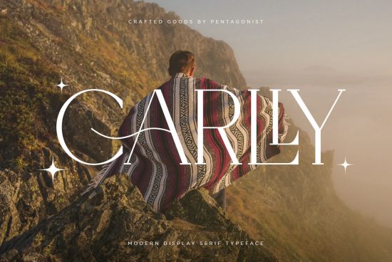 Person sitting on a mountain edge showcasing modern serif typeface Carly for designers, perfect for branding and editorial designs.