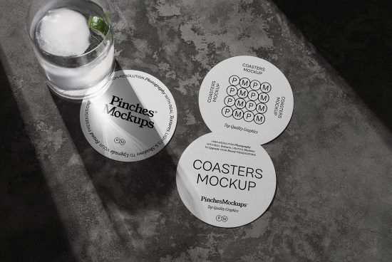 Realistic coaster mockups on a textured surface with a glass of water, showcasing brand presentation and design versatility for designers.