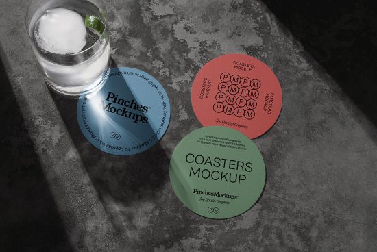 Round drink coasters mockup with customizable design on textured background, with glass of water, for branding and presentation, high-resolution graphic design.