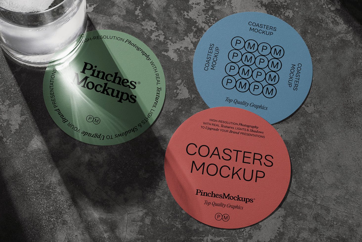 Realistic coaster mockups set on textured background with editable design, ideal for branding presentation, designers portfolio.