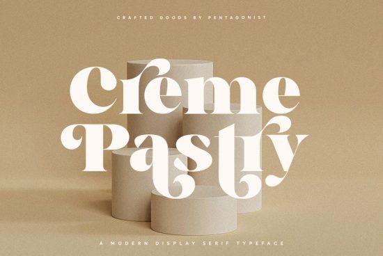 Elegant serif typeface Crème Pastry on beige background for design mockups, showcasing modern font style for branding and typography.