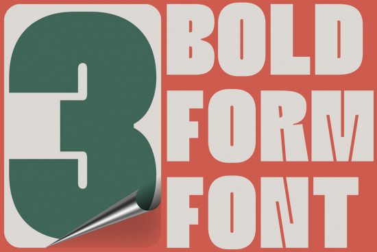 Bold typography design showcasing a 3D peeling effect on a strong '3' digit with BOLD FORM FONT text in red and green colors.