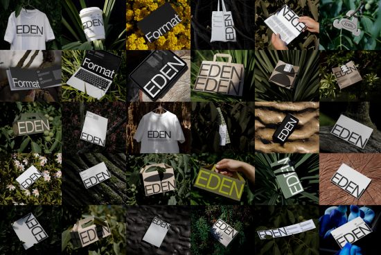 Collage of EDEN brand mockups with various products like t-shirts, tags, and packaging in natural settings, ideal for designers looking to showcase branding.