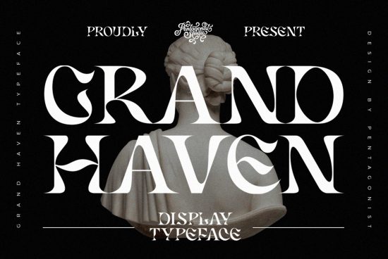 Elegant Grand Haven display typeface promotional graphic with classic statue overlay, ideal for sophisticated design projects, branding, and logos.
