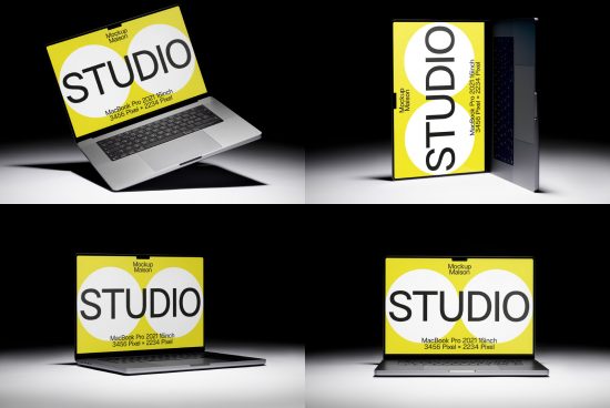 Laptop mockup set featuring MacBook Pro 2021 in various angles with bold Studio branding perfect for graphic design presentations and portfolios.