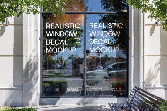 Realistic window decal mockup template displayed on glass storefront for design presentations and branding, compatible with Adobe Photoshop.