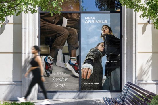 Urban fashion store window mockup with posters of new arrivals, featuring stylish clothing and vibrant sneaker designs, casual passerby in motion.