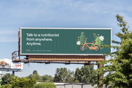 Billboard mockup with nutrition ad design featuring bike and plants, displayed outdoors under clear sky, ideal for presentations.