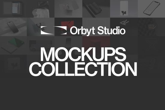 Professional mockups collection promo by Orbyt Studio with diverse product presentations for branding and design showcases.