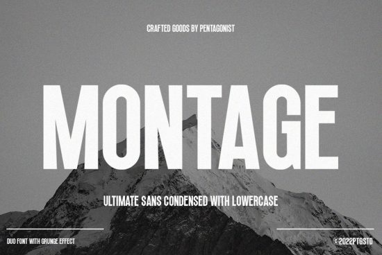 Montage font preview on mountain background, highlighting grunge effect, sans condensed style for graphic designers, versatile display font.