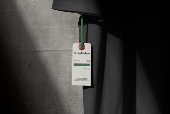 Stylish paper tag mockup with a green rope hanging under a lamp, against a textured wall, perfect for designers to display branding.