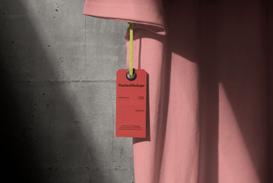 Elegant clothing tag mockup on pink t-shirt with concrete background, showcasing branding design with realistic shadows for graphic designers.