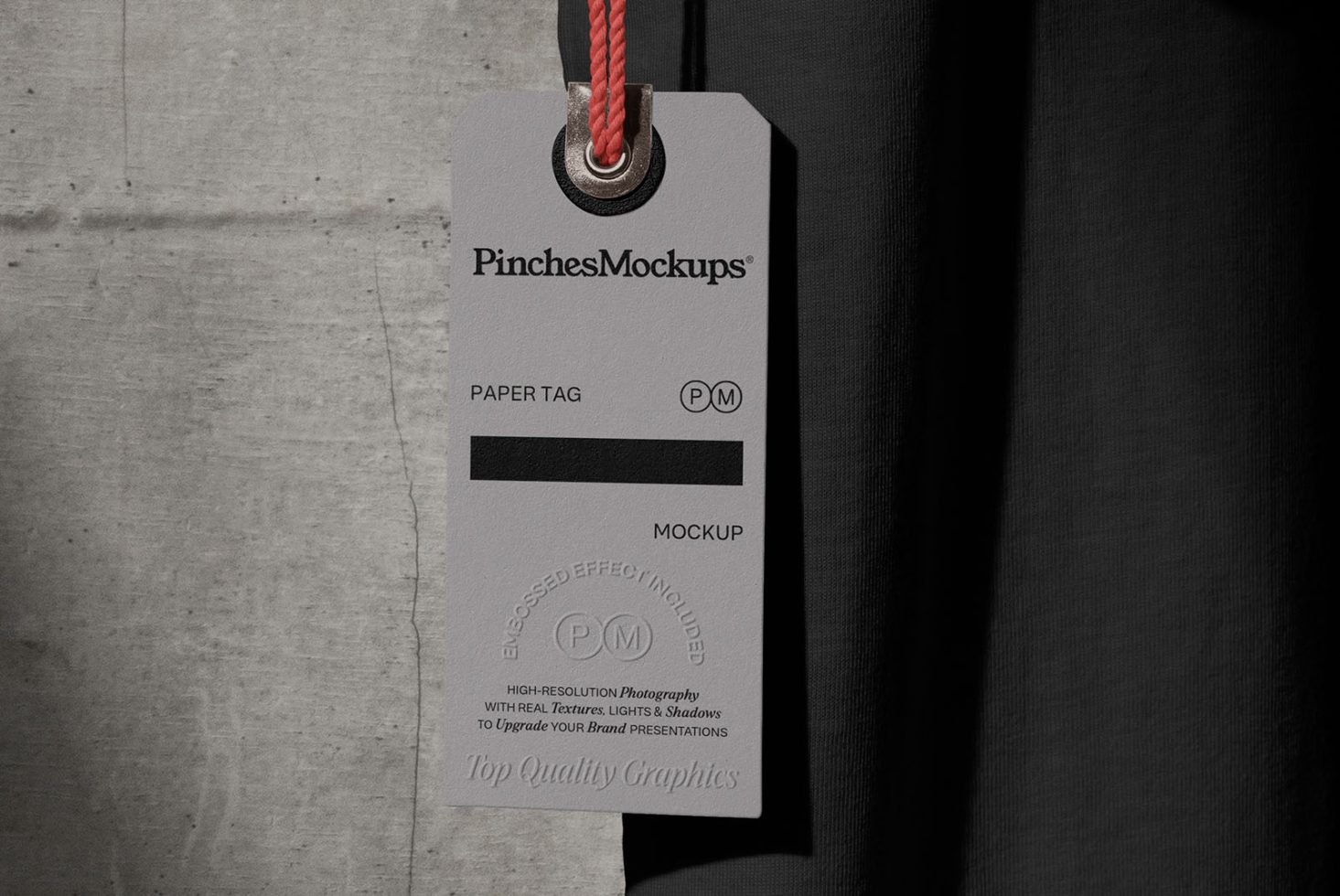 Realistic paper tag mockup hanging by a red rope on a textured background, ideal for high-quality brand presentation - Mockups category.