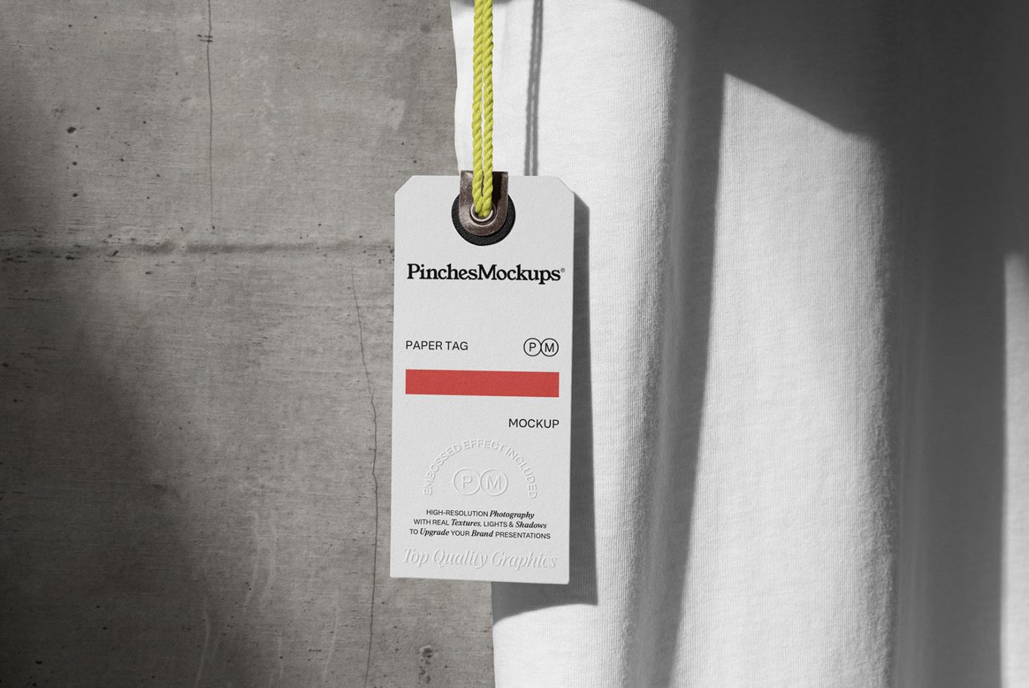 Paper tag mockup on sunlight, with yellow string and realistic shadow, ideal for branding, logos, graphic design, and product display.