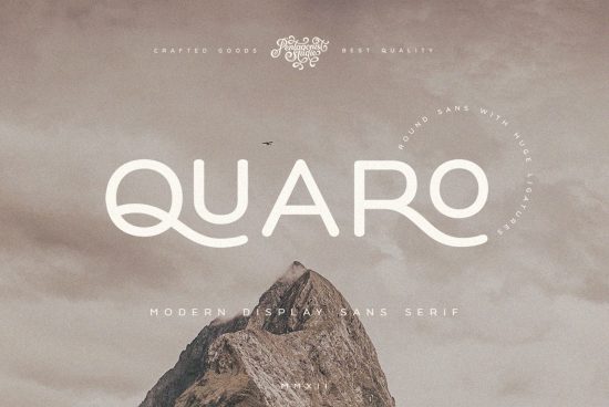 Modern display sans serif font QUARO example on cloudy mountain backdrop, elegant typography for branding, perfect for designers and mockups.