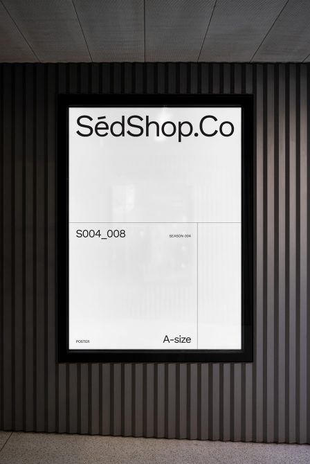 Poster mockup in a modern frame on a striped wall, showcasing custom typography design for branding and presentations, ideal for graphic designers.