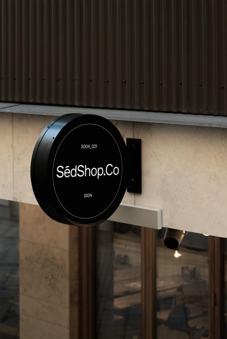 Black circular storefront sign with SédShop.Co branding on concrete wall