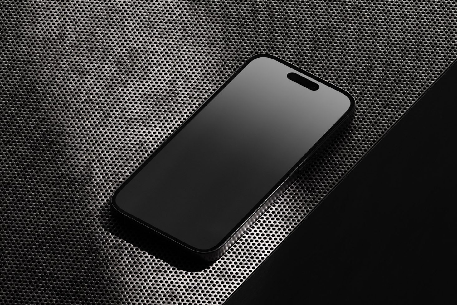 Modern smartphone mockup on textured black background, stylish professional presentation, ideal for tech and app design display.