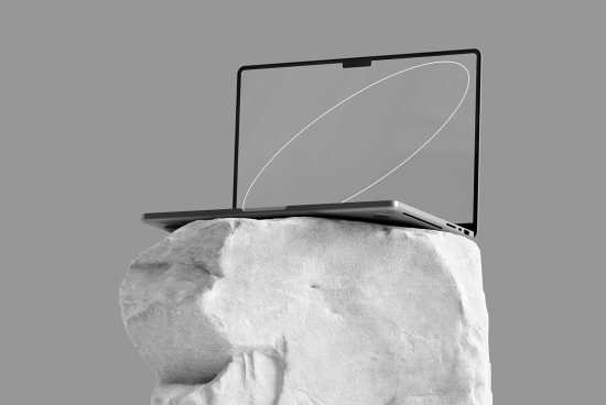 Laptop mockup on a stone plinth with a minimalistic design for product display, appealing to modern graphic designers and template creators.
