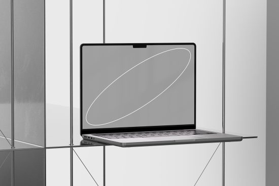 Sleek laptop mockup on reflective surface for presentation, ideal for showcasing UI/UX designs, templates for web and application developers.