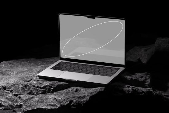 Laptop mockup on dark textured stone surface with screen placeholder for design presentations, tech digital asset for creative professionals.