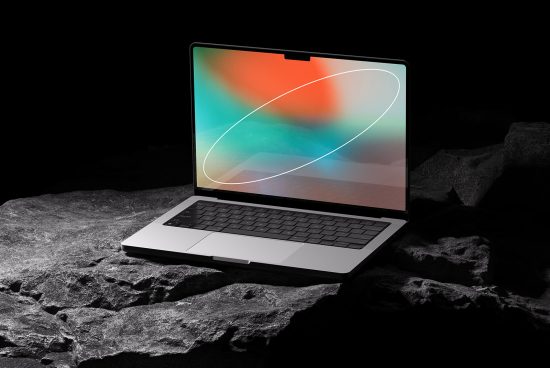 Laptop mockup on dark rock surface with vibrant screen display, ideal for presenting digital designs, wallpapers, and user interfaces.