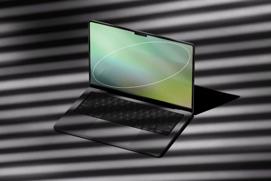 Laptop mockup on striped shadow background, modern device showcase, digital design asset, sleek presentation, editable template, tech graphic.
