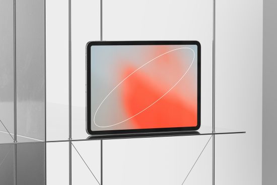 Modern tablet on reflective surface with abstract red wallpaper, ideal for mockup presentations, technology and design concepts.