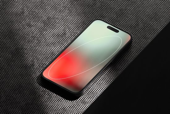 Smartphone on textured background showcasing screen gradient design, ideal for mockup presentations in tech and design projects.