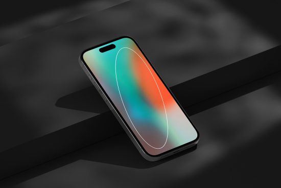 Smartphone mockup on dark surface, modern mobile design with colorful screen, digital asset for app presentation, device template.