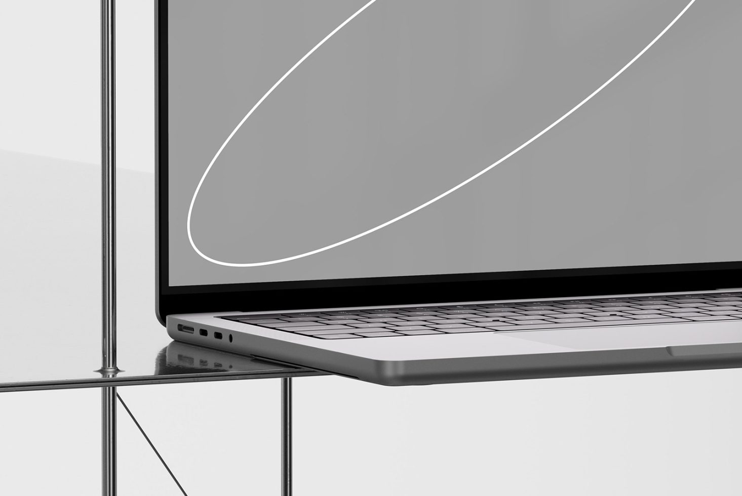 Sleek laptop mockup on reflective surface with a minimalist design, perfect for digital asset presentations and tech-related templates.