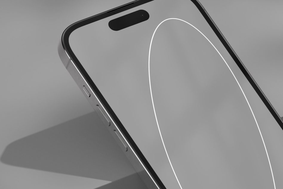 Modern smartphone close-up with sleek design details, ideal for mockup graphics, showcasing UI/UX designs on digital asset platforms for designers.