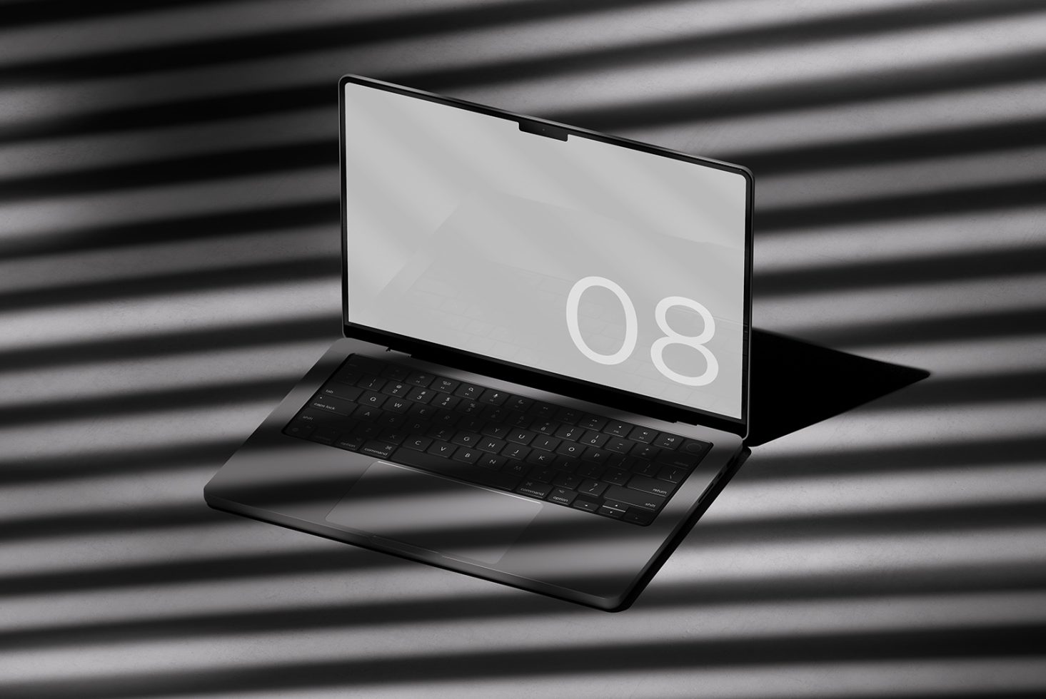 Laptop mockup with shadow stripes for showcasing design projects, positioned on a solid surface with elegant lighting. Perfect for graphics presentations.