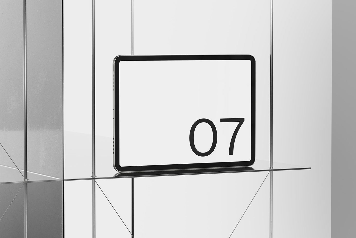 Minimalist tablet mockup on glass stand with clean background, ideal for sleek design presentations and digital product display