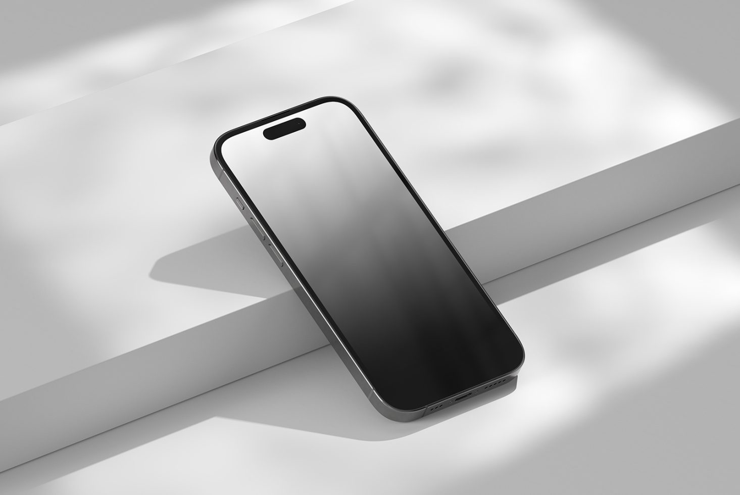 Realistic smartphone mockup on white surface with shadow, sleek design ideal for app interface presentations for tech designers.