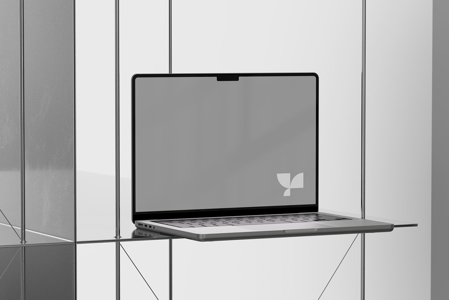 Laptop on reflective surface with minimalistic style, perfect for mockup templates, presentation design, tech digital asset.