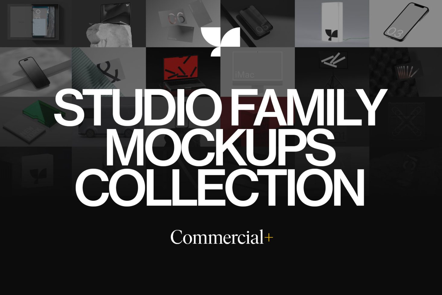 Comprehensive Studio Family Mockups Collection for designers featuring a versatile array of digital devices and branding materials.