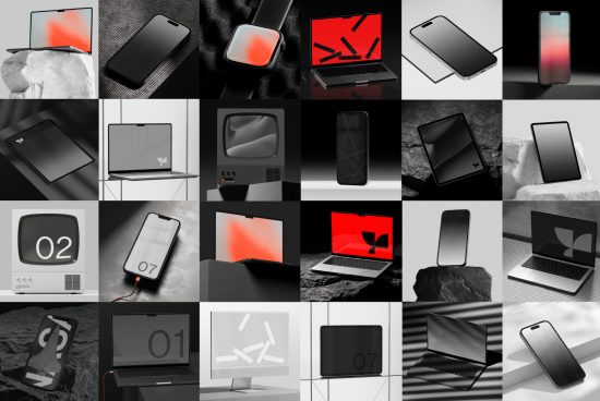 Electronics mockup collage with smartphones, laptops, and tablets in stylish, modern design presentations for digital asset marketplace.